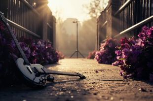 Solitary electric guitar leaning against memorial bench on empty bridge with floral tributes at Birmingham street ceremony