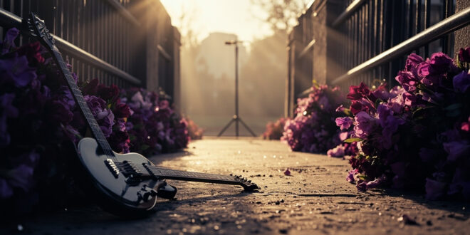 Solitary electric guitar leaning against memorial bench on empty bridge with floral tributes at Birmingham street ceremony