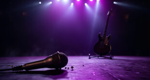 Abandoned vintage microphone stand and silent electric guitar on an empty, dimly lit concert stage bathed in purple light