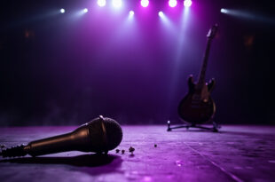 Abandoned vintage microphone stand and silent electric guitar on an empty, dimly lit concert stage bathed in purple light