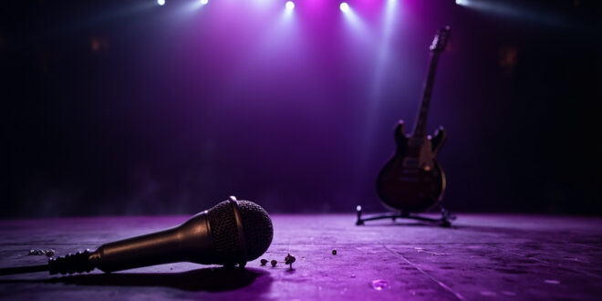 Abandoned vintage microphone stand and silent electric guitar on an empty, dimly lit concert stage bathed in purple light