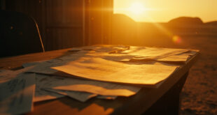 Abandoned investigation documents scattered across a wooden desk in an empty desert landscape at dawn