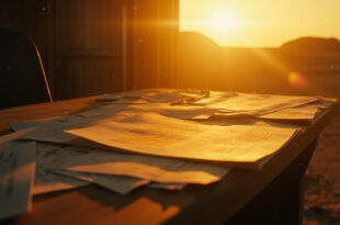 Abandoned investigation documents scattered across a wooden desk in an empty desert landscape at dawn