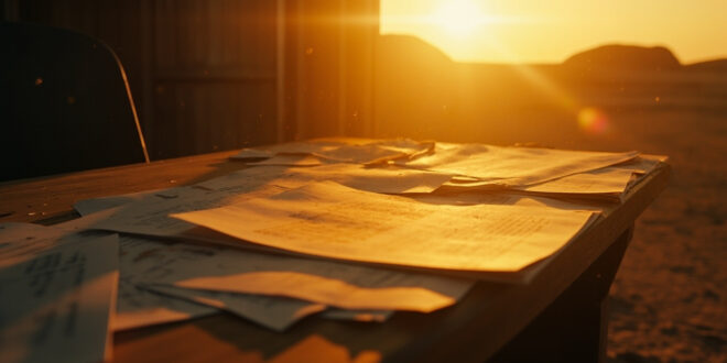 Abandoned investigation documents scattered across a wooden desk in an empty desert landscape at dawn