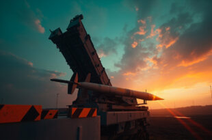 Empty missile launcher points skyward at an abandoned military depot at dusk, solitary rocket on launch pad illuminated in orange