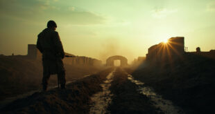 Abandoned military trenches and fortifications in a desolate Eastern European landscape with atmospheric dust