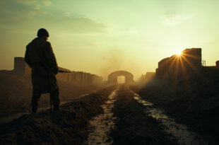 Abandoned military trenches and fortifications in a desolate Eastern European landscape with atmospheric dust
