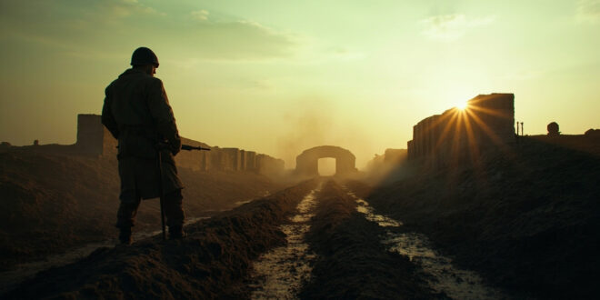 Abandoned military trenches and fortifications in a desolate Eastern European landscape with atmospheric dust
