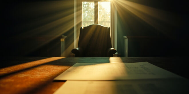 Empty leather chair behind ministerial desk with resignation documents in abandoned government office