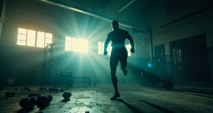 Abandoned fitness studio at dawn with scattered dumbbells and equipment, illuminated by steel gray and electric blue light