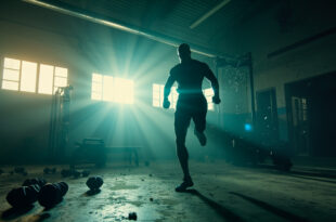 Abandoned fitness studio at dawn with scattered dumbbells and equipment, illuminated by steel gray and electric blue light