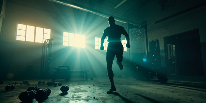 Abandoned fitness studio at dawn with scattered dumbbells and equipment, illuminated by steel gray and electric blue light