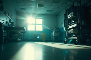 Empty hospital room with silent ventilator and medical equipment bathed in clinical white and soft blue light