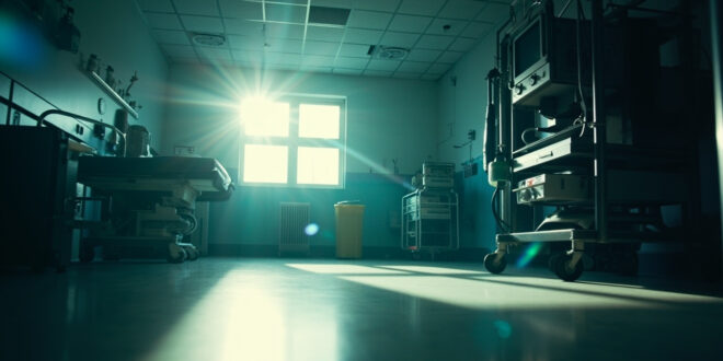 Empty hospital room with silent ventilator and medical equipment bathed in clinical white and soft blue light