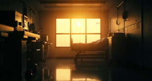 Empty hospital bed with unused medical equipment bathed in golden dusk light filtering through a quiet hospital corridor