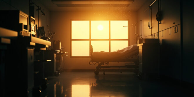 Empty hospital bed with unused medical equipment bathed in golden dusk light filtering through a quiet hospital corridor