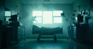 Empty hospital bed with silent medical equipment in a sterile room after a patient's departure, monitors turned off
