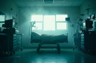 Empty hospital bed with silent medical equipment in a sterile room after a patient's departure, monitors turned off