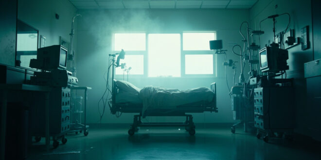 Empty hospital bed with silent medical equipment in a sterile room after a patient's departure, monitors turned off