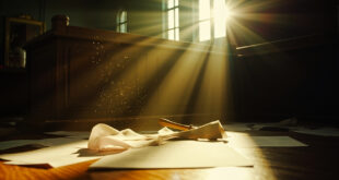 Empty wooden courtroom with scattered legal papers on judge's bench, awaiting custody decision in a sunlit courthouse