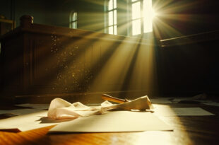 Empty wooden courtroom with scattered legal papers on judge's bench, awaiting custody decision in a sunlit courthouse