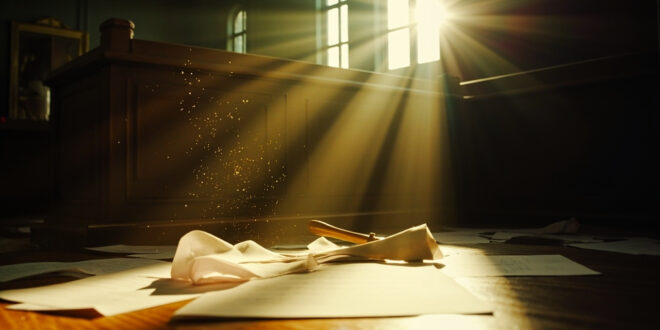 Empty wooden courtroom with scattered legal papers on judge's bench, awaiting custody decision in a sunlit courthouse