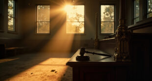 Empty federal courtroom at dusk with judge's gavel resting on vacant bench, dark wood and brass fixtures illuminated by fading light