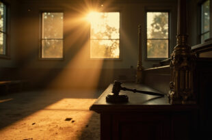 Empty federal courtroom at dusk with judge's gavel resting on vacant bench, dark wood and brass fixtures illuminated by fading light