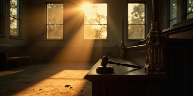 Empty federal courtroom at dusk with judge's gavel resting on vacant bench, dark wood and brass fixtures illuminated by fading light