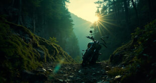 Abandoned motorcycle on rugged mountain trail in remote Carpathian ravine at dusk, suggesting wildlife danger