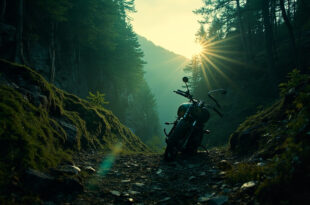 Abandoned motorcycle on rugged mountain trail in remote Carpathian ravine at dusk, suggesting wildlife danger