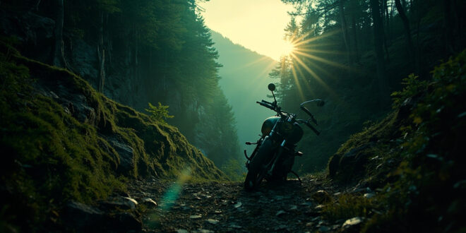 Abandoned motorcycle on rugged mountain trail in remote Carpathian ravine at dusk, suggesting wildlife danger