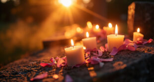 Memorial candles and pink awareness ribbons illuminated on a stone monument in a peaceful garden at twilight