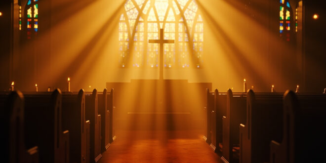 Empty church sanctuary with sunlight streaming through stained glass windows, illuminating wooden pews and altar cross
