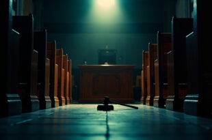Empty courtroom with wooden benches and witness stand at dusk, gavel resting on judge's bench in solemn courthouse