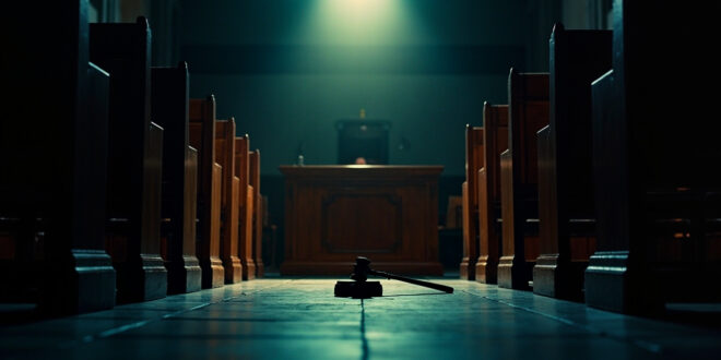 Empty courtroom with wooden benches and witness stand at dusk, gavel resting on judge's bench in solemn courthouse