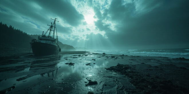 Empty Alaskan harbor with exposed seabed and abandoned fishing dock after tsunami warning causes ocean to retreat