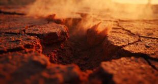 Deep fracture in red Australian outback soil reveals distinct geological layers after seismic activity