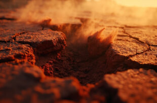 Deep fracture in red Australian outback soil reveals distinct geological layers after seismic activity