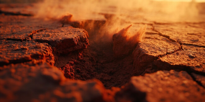Deep fracture in red Australian outback soil reveals distinct geological layers after seismic activity