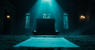 Empty leather executive chair behind mahogany desk with resignation letter in abandoned corporate boardroom at twilight