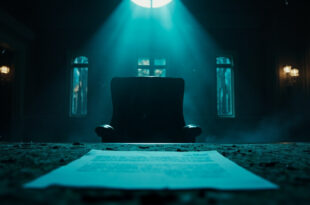 Empty leather executive chair behind mahogany desk with resignation letter in abandoned corporate boardroom at twilight