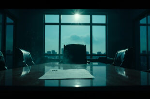 Empty executive chair behind mahogany desk in abandoned corporate boardroom at dusk, with resignation letter visible
