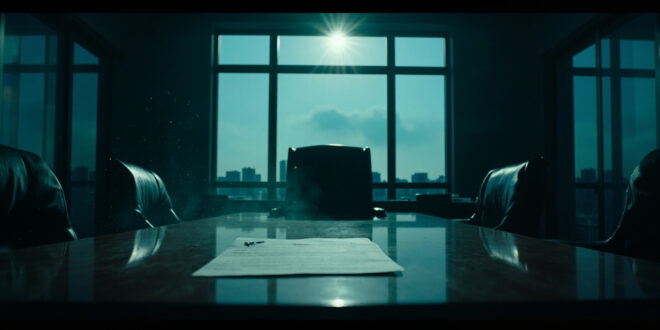 Empty executive chair behind mahogany desk in abandoned corporate boardroom at dusk, with resignation letter visible