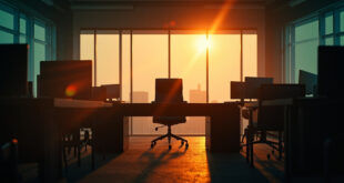 Vacant executive chair in abandoned corporate headquarters at dusk, with turned-off screens and amber light filtering through windows