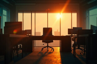 Vacant executive chair in abandoned corporate headquarters at dusk, with turned-off screens and amber light filtering through windows