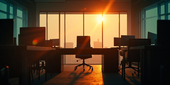 Vacant executive chair in abandoned corporate headquarters at dusk, with turned-off screens and amber light filtering through windows