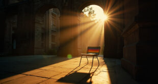 Empty Catholic school courtyard at dusk with rainbow flags and stickers visible on desk, illustrating LGBTQ symbol controversy