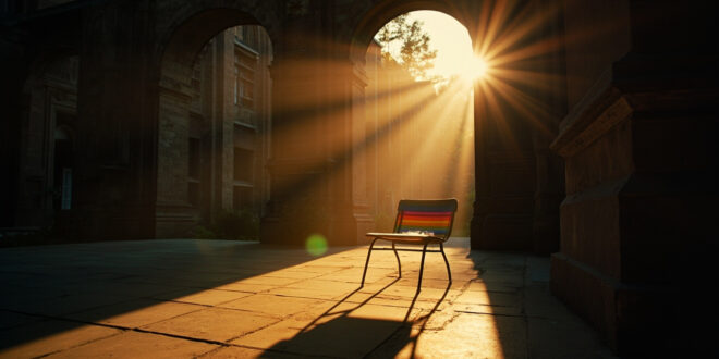 Empty Catholic school courtyard at dusk with rainbow flags and stickers visible on desk, illustrating LGBTQ symbol controversy