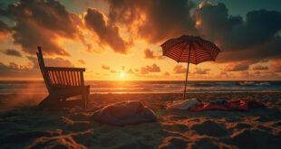 Abandoned beach chairs and overturned umbrella face turbulent waters on empty Florida shore at stormy sunset.